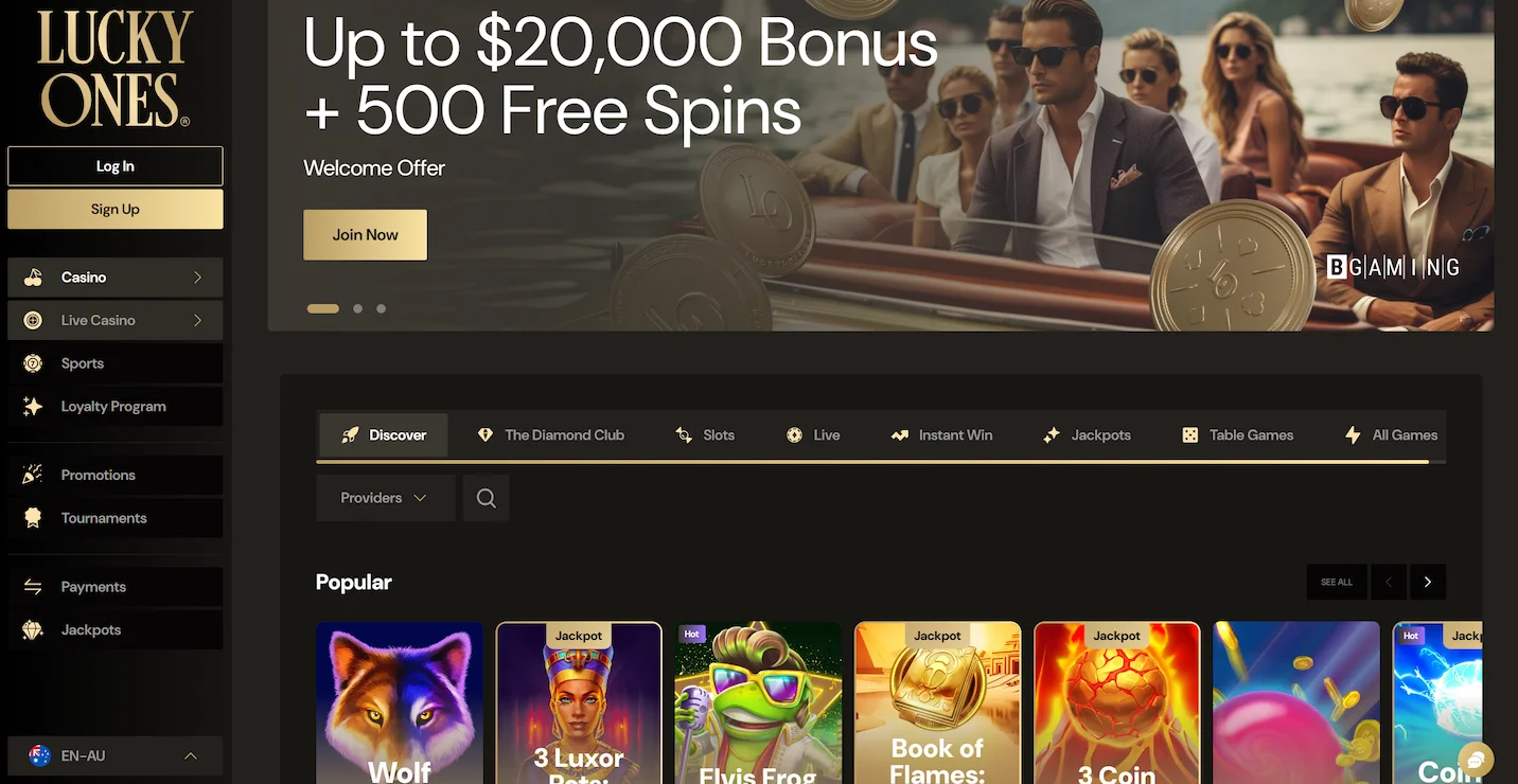 LuckyOnes casino homepage displaying welcome offer, selection of popular online pokies and site main navigation